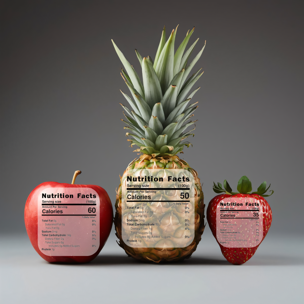 apple, pineapple, strawberry with nutrition information labels