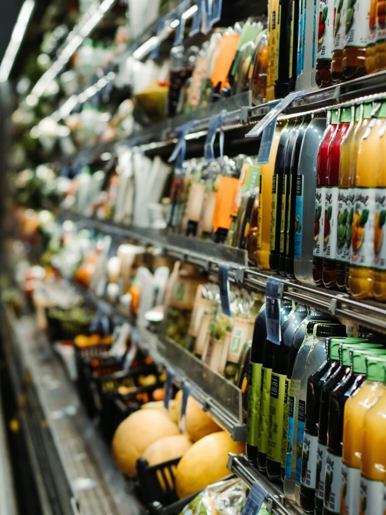 supermarket aisle with healthy food