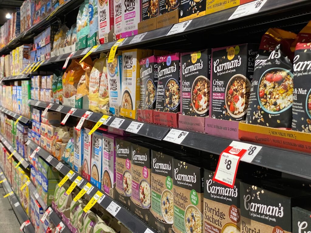 supermarket aisle with cereal boxes